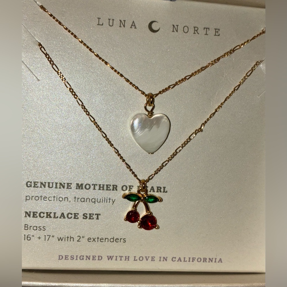 LUNA NORTE Mother of Pearl Heart & Crystal Cherries Pendant 2 Necklaces NEW NWT - Picture 2 of 5